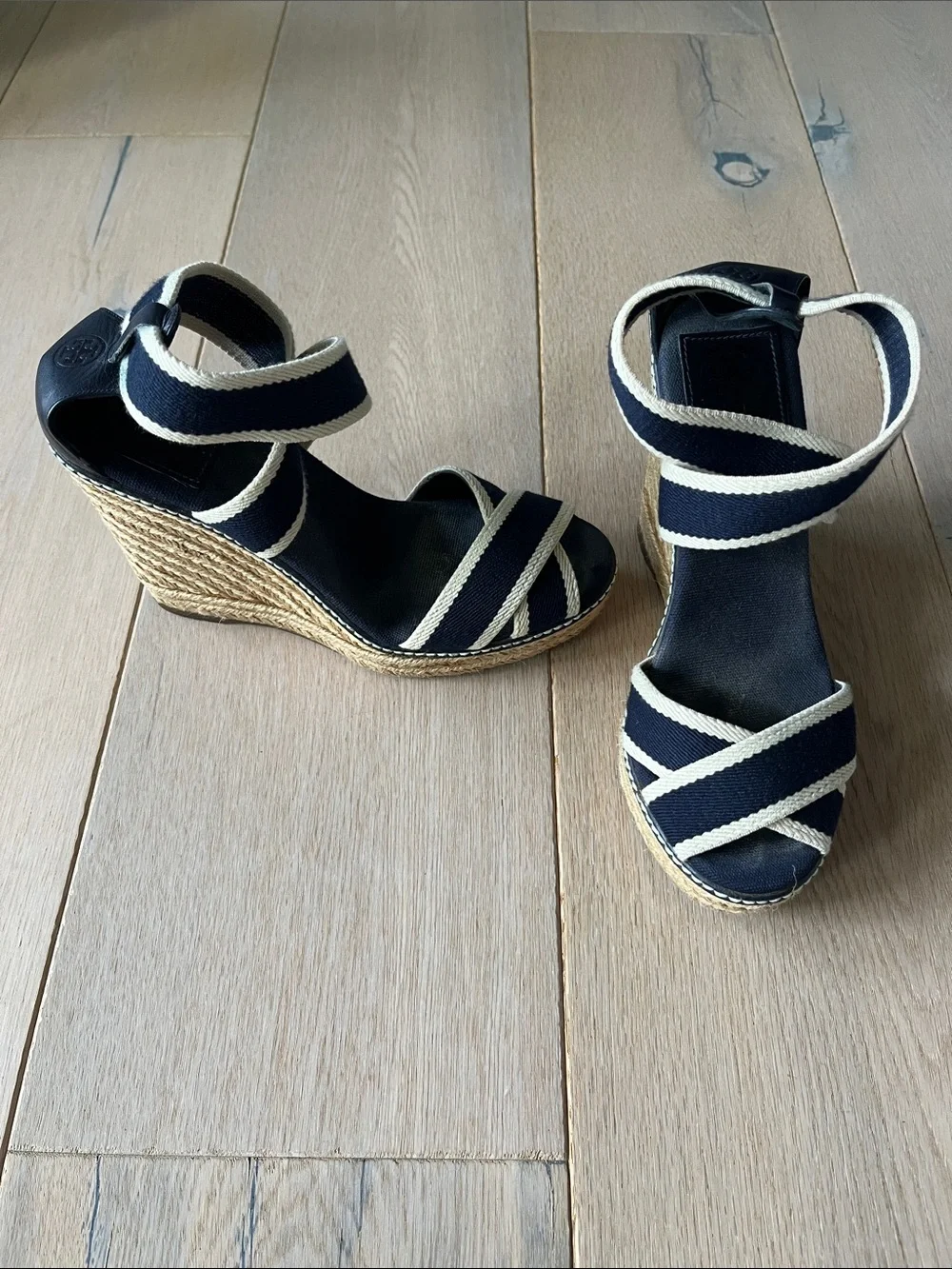 Tory Burch Navy and Cream Adonis Espadrille Wedge Sandals